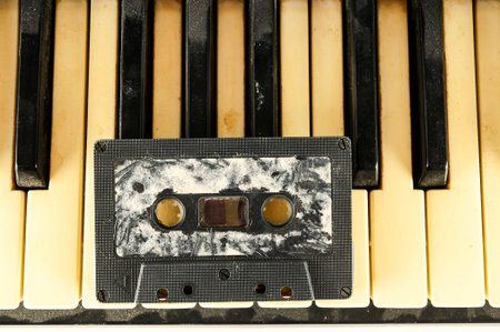 Photo picture close-up of piano keys keyboard and music cassette tapeの写真素材
