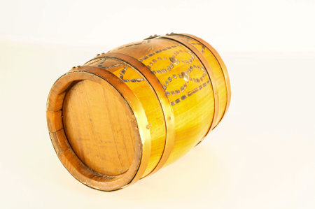 Close-up of decorated wooden barrel Object on a White Backgroundの写真素材