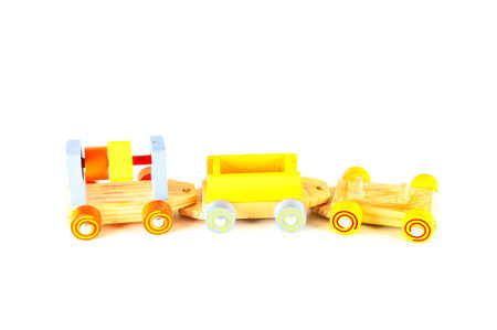 Close-up of wooden toy train Object on a White Backgroundの写真素材