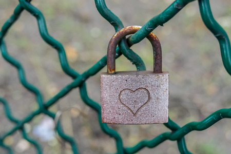 Lock Padlock with Heart on a net in Paris Cityの写真素材