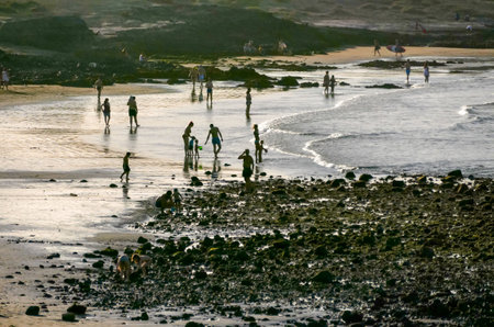 group of happy young people at the beach on beautiful summer sunset in El Medano Tenerife Canary...