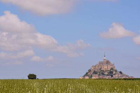 Panoramic view of famous historic Le Mont Saint-Michel tidal island Normandy northern Franceの写真素材