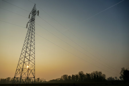 electricity pylons at sunset, beautiful photo digital picture