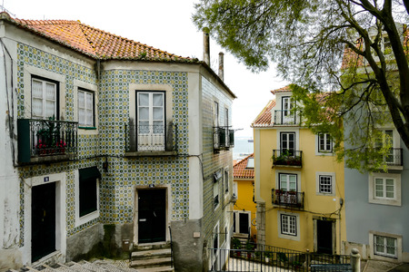 colorful houses in lisbon portugal, beautiful photo digital pictureの写真素材