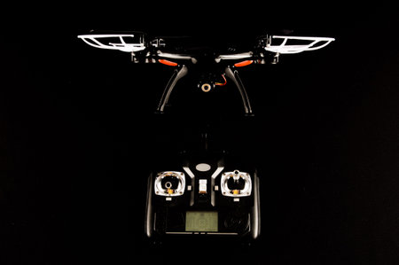 Technology Copter closeup Aircraft Drone Quadrocopter with a raised chassisの写真素材