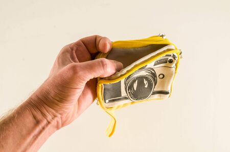 Close-up of photography wallet bag Object on a White Backgroundの写真素材