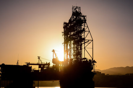 Silhouette of an offshore drilling rig and supply vessel at sunset
