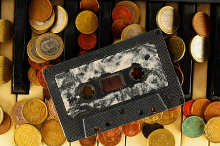 Photo picture close-up of piano keys keyboard and musicassette tape