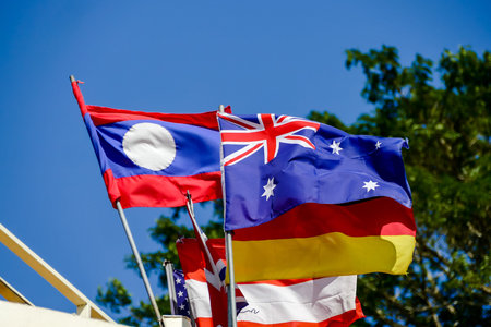 flags of different countries on background of blue sky, beautiful photo digital picture