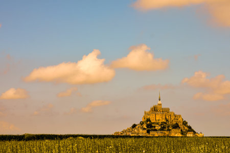 Panoramic view of famous historic Le Mont Saint-Michel tidal island Normandy northern Franceの写真素材