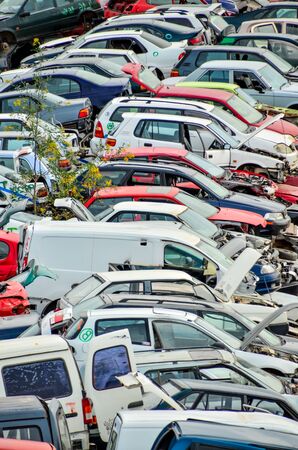 Scrap Yard With Pile Of Crushed Cars in tenerife canary islands spainの写真素材