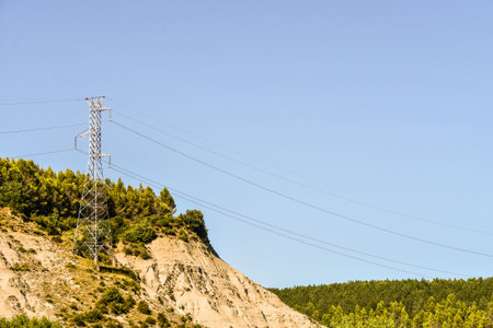 electric pole in the mountains, photo as a background, digital image