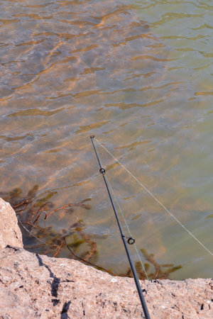 Conceptual Photo Picture Fishing with rod on a lake
