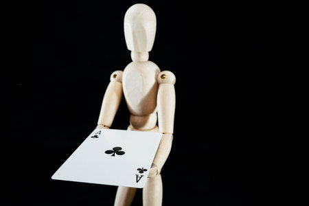wooden dummy and poker cards, puppet made of wood, art mennequin.Wooden Doll