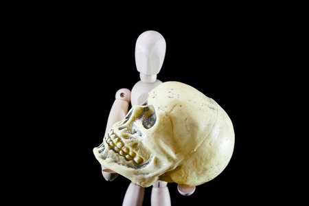 wooden dummy and skull, death concept, , puppet made of wood, art mennequin.Wooden Doll