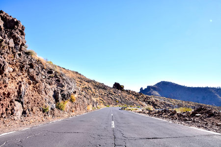 Long Empty Desert Asphalt Road in Tenerife Canary Islands Spainの写真素材