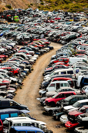 Scrap Yard With Pile Of Crushed Cars in tenerife canary islands spainの写真素材