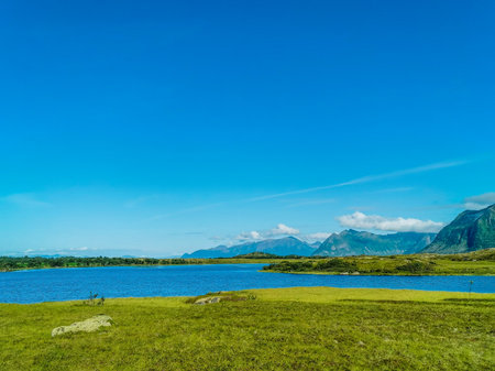 lake and mountains , image taken in europe , image taken in Lofoten Islands, Norway, North Europeの写真素材