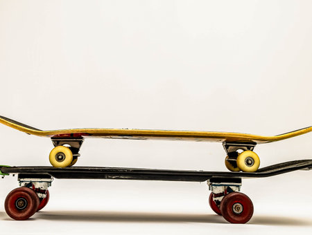 Two skateboards are lined up next to each other, one of which is black and the other yellowの写真素材