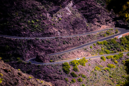 A winding road with a steep incline and a few trees in the background
