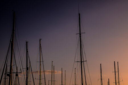 A group of tall poles with sails on them are silhouetted against a purple sky