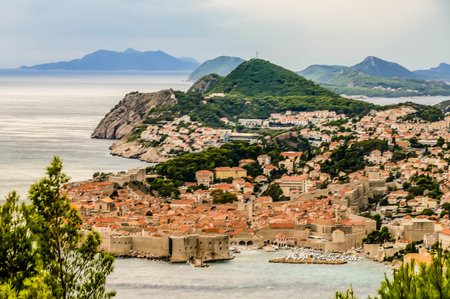 A beautiful city with a view of the ocean. The buildings are red and brown and there are trees in the backgroundの写真素材