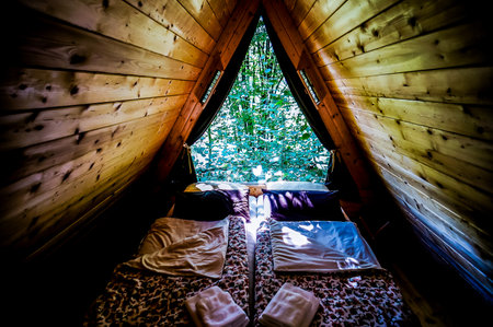 A bed is in the middle of a room with a view of the outside. The bed is covered with a white sheet and a blanketの写真素材