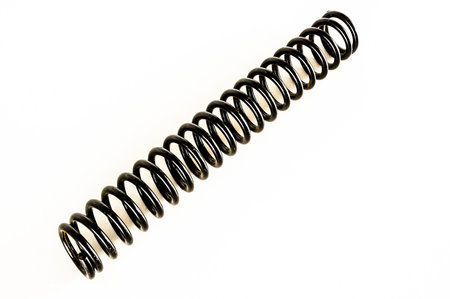 A black spring is shown on a white background. The spring is long and thin, and it is the only object in the imageの写真素材