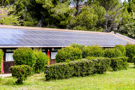 A house with a green roof and bushes in front. The bushes are trimmed and the house is surrounded by a green lawnの写真素材