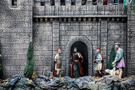 Traditional European Figurines in a Christmas Crib Nativity Sceneの写真素材