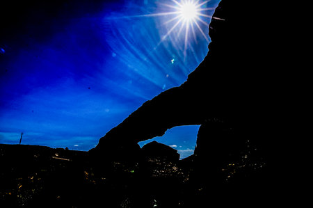 Desert landscape Natural Arch silhouette in Tenerife Canary Islands Spainの写真素材