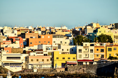 Typical Colored Colonial Spanish Building with Flat Roofの写真素材