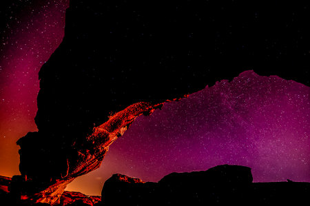 Night Sky Picture of a Basaltic Natural Archの写真素材