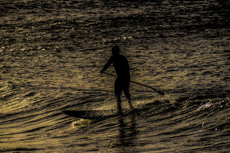 Silhouette Surfer at Sunset in Tenerife Canary Island Spainの写真素材
