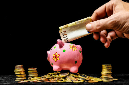 Save Money with One Pink Pig Piggy Bankの写真素材
