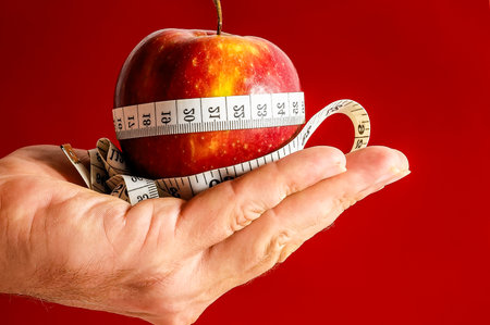 Diet Apple and Meter on the Hand on a Colored Backgroundの写真素材