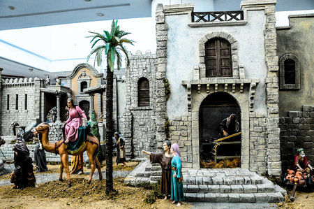 Traditional European Figurines in a Christmas Crib Nativity Sceneの写真素材