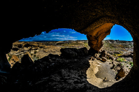Desert landscape Natural Arch silhouette in Tenerife Canary Islands Spainの写真素材