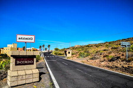 Long Empty Desert Asphalt Road in Canary Islands Spainの写真素材