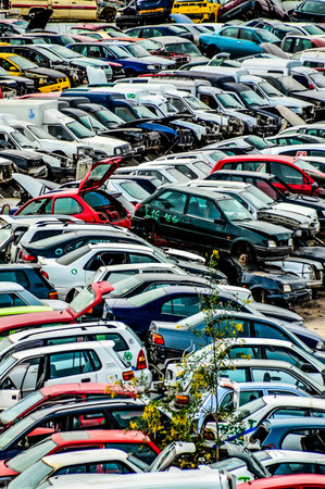 Scrap Yard With Pile Of Crushed Cars in tenerife canary islands spain