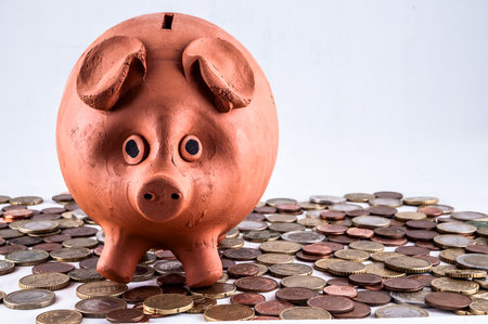 A piggy bank is sitting on a pile of coins. The piggy bank is brown and has a black nose. The coins are scattered around the piggy bank, with some of them being larger and others smallerの写真素材