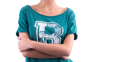 Green t-shirt on a young woman isolated on white background
