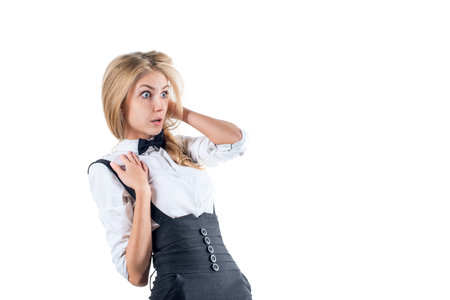 shocked  afraid surprised young businesswoman with a frightened look isolated on white backgroundの写真素材