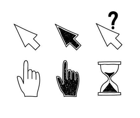 Hand drawn mouse cursors icons pointers arrow hourglass. Click, press and touch actions Vector Illustrationのイラスト素材
