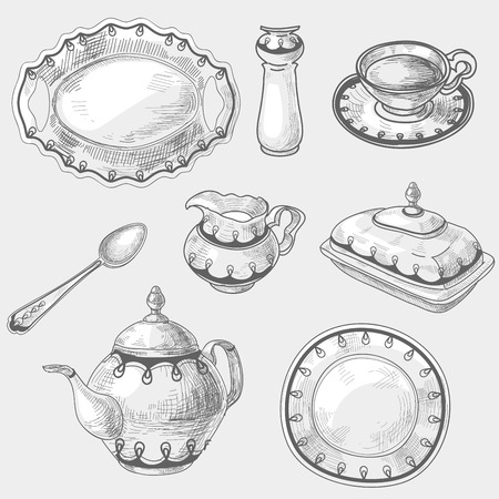 Hand drawn doodle sketch kitchen porcelain utensils, kitchenware kettler teapot cup of tea or coffee spoon dish or plateのイラスト素材