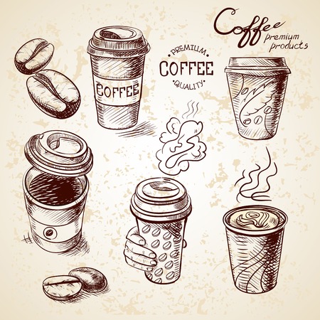 hand drawn doodle sketch vintage paper cup of coffee takeaway Menu for restaurant, cafe, bar, coffeehouse.のイラスト素材