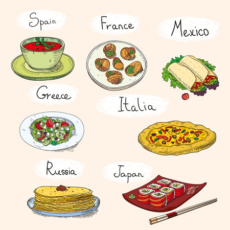 Popular world famous food international restaurant or cafe cuisine dishes cooked.のイラスト素材