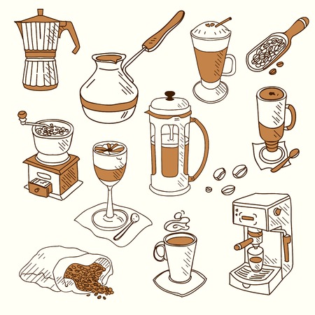 Hand drawn sketch doodle vintage simple coffee theme devices coffeemaking Menu design for cafe and restaurant Vector illustration.のイラスト素材