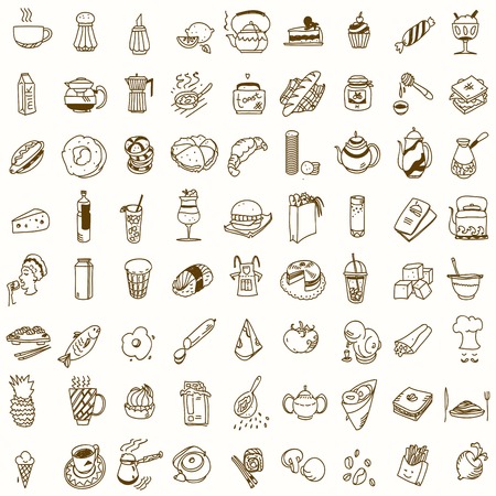 Morning breakfast lunch or dinner kitchen doodle hand drawn sketch rough simple icons coffee, tea, donut, teapot, cupcake, jam and other sweets.のイラスト素材