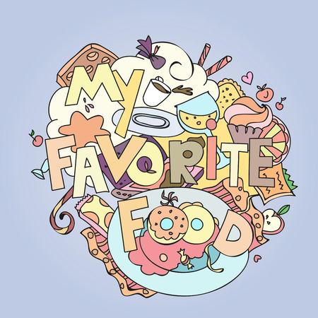 Favorite food confections sweets, cakes and cookies vector illustration.のイラスト素材